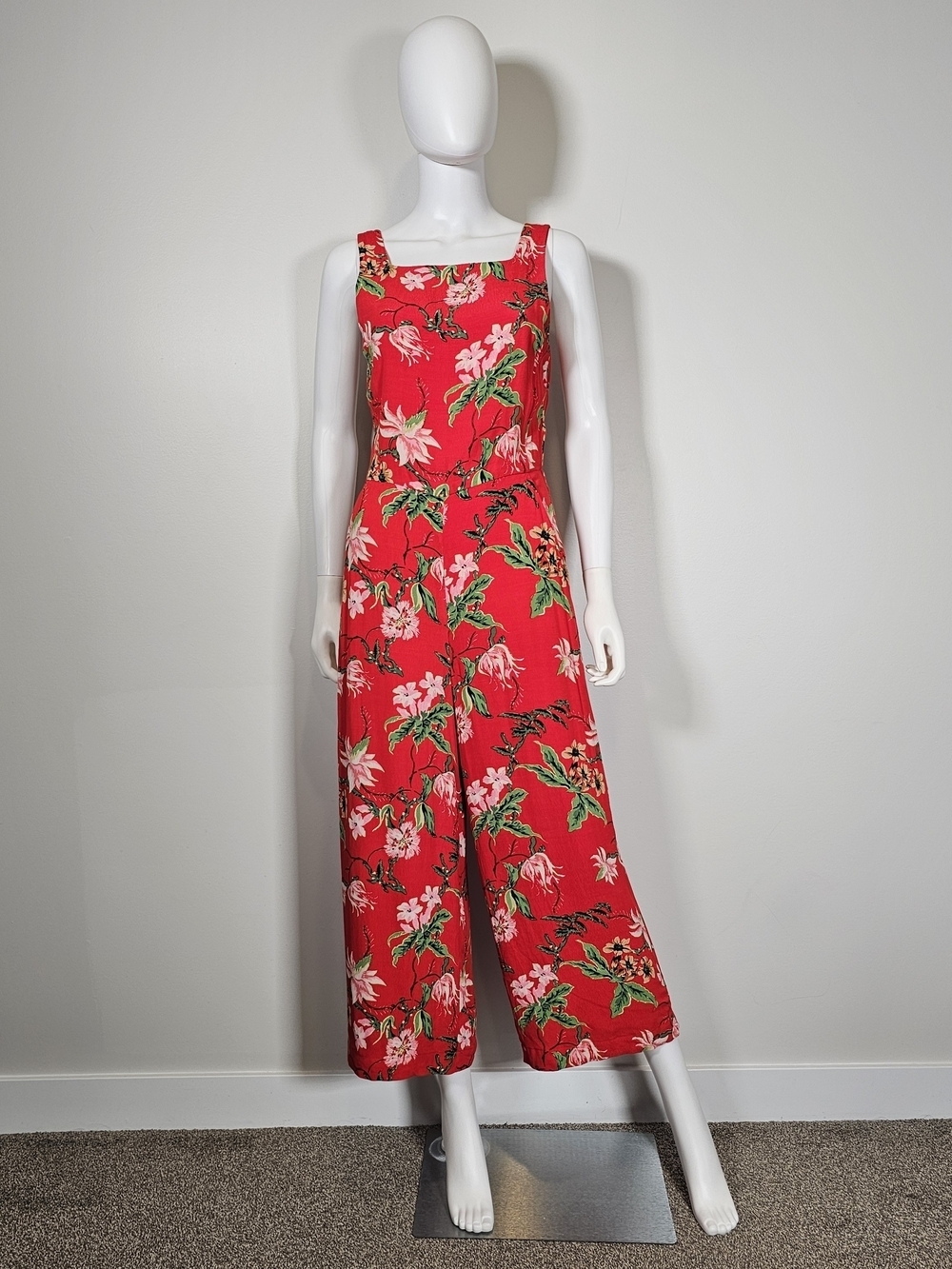 Wilfred Red Floral Square-Neck Tie Back Wide-Leg Jumpsuit Sz S